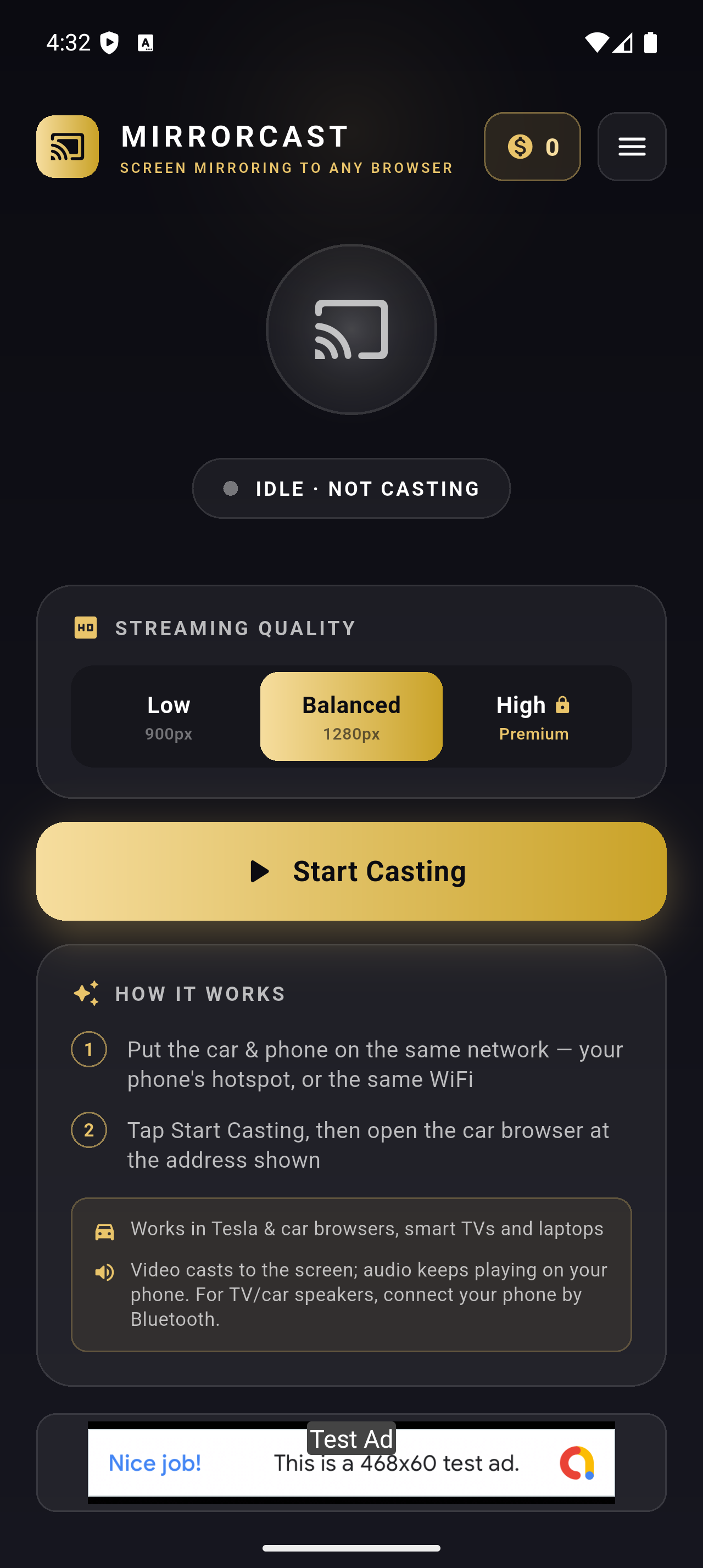 MirrorCast home screen